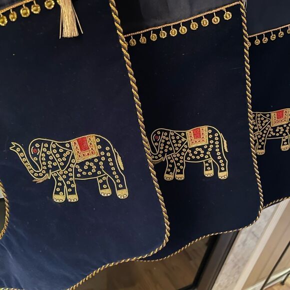 Ten Thousand Villages Beaded Elephant Velour Dark Blue and Gold Stockings x 4 - Picture 6 of 15